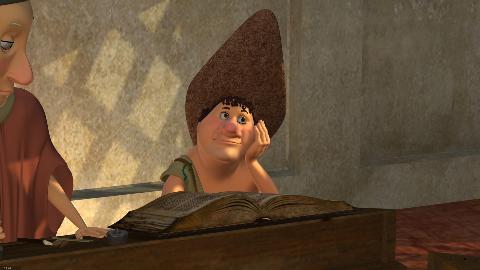 3D model of the medieval character, Apa, leaning against a desk with an open book on it