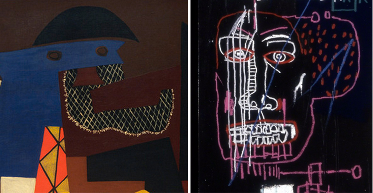 Right: Jean-Michel Basquiat, Horn Players (detail), 1983, acrylic and oilstick on three canvas panels mounted on wood supports, 243.8 x 190.5 cm (The Broad Art Foundation) © The Estate of Jean-Michel Basquiat ; left: Pablo Picasso, Three Musicians (detail), 1921, oil on canvas, 200.7 x 222.9 cm (The Museum of Modern Art)