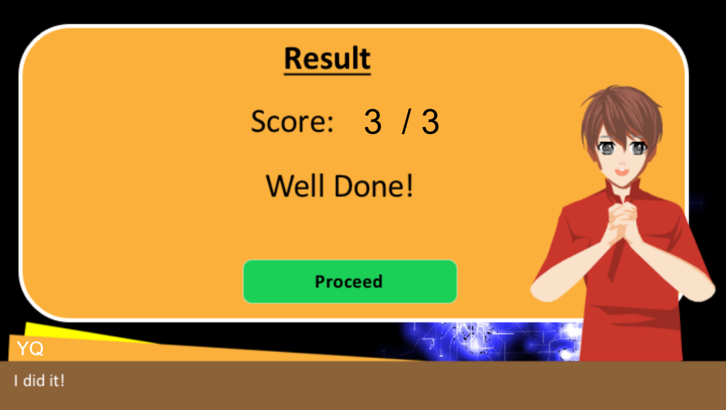 Game interface of a male student avatar looking delighted at having passed a stage in the quiz.