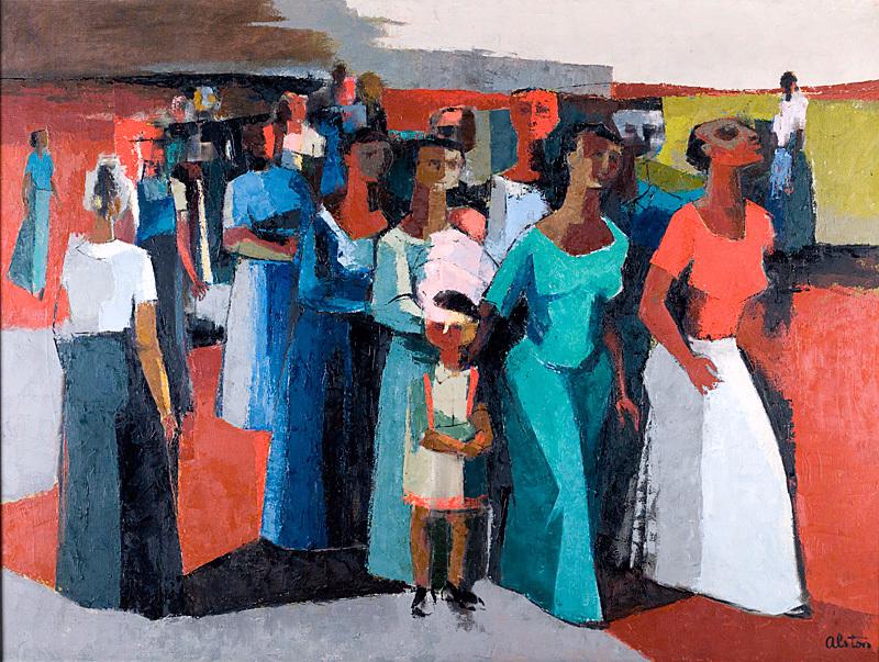 This painting shows women during the Montgomery bus boycott walking. The colorful painting shows women in line in silent protest. 