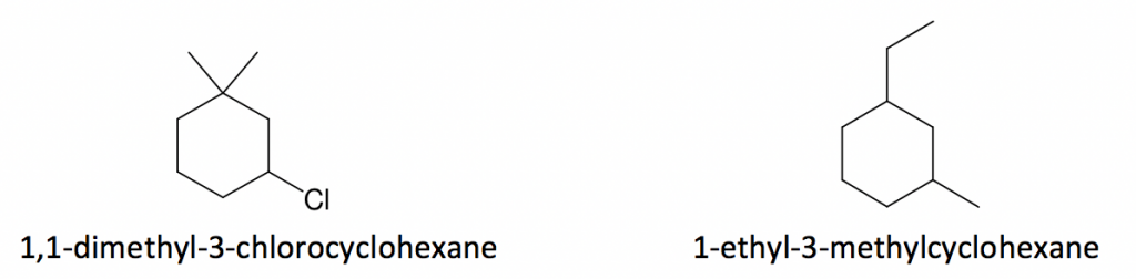 cycloalkane has 6 carbons with 2 methyl's on the first and a chloro on the third