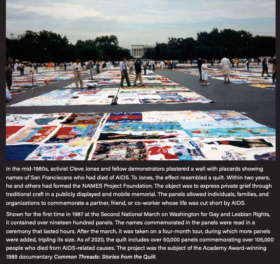 Photograph of the wall of placards at the Washington Mall that symbolizes all of the San Franciscans who had died of AIDS. 