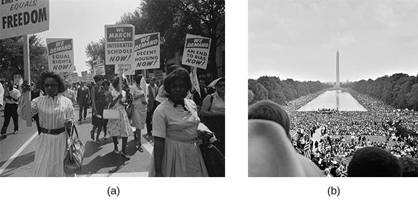 Photograph (a) shows a group of African American protesters marching in the street, carrying signs that read “We demand equal rights NOW!”; “We march for integrated schools NOW!”; “We demand equal housing NOW!”; and “We demand an end to bias NOW!” Photograph (b) shows a massive crowd gathered on the National Mall during the March on Washington.