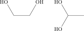 \begin{align*}\chemfig{HO-[:-60]--[:60]OH} &\hspace{2em} \chemfig{HO-[:-60](-[:-120]HO)-}\end{align*}