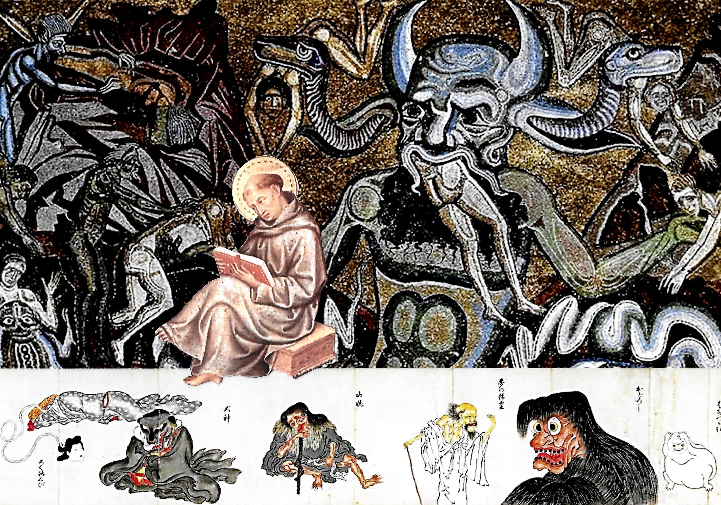 St. Thomas Aquinas calmly reads while surrounded by demons.