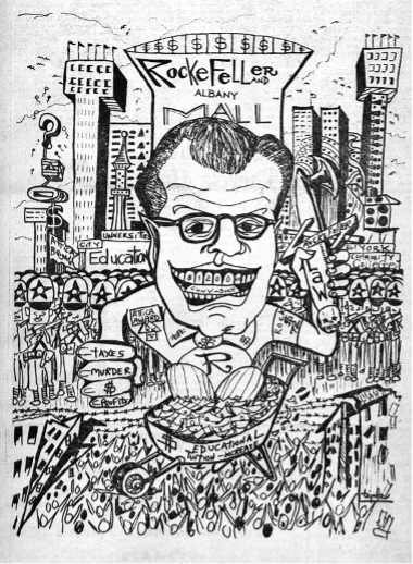 Line drawing from City College campus newspaper showing Governor Nelson Rockefeller surrounded by money in front of a building labeled Rockefeller and Albany Mall