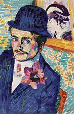 Fauvist painting by Jean Metizinger showing a man smoking a cigarette with a bowl hat, blue suit and pink flower on his lapel. 