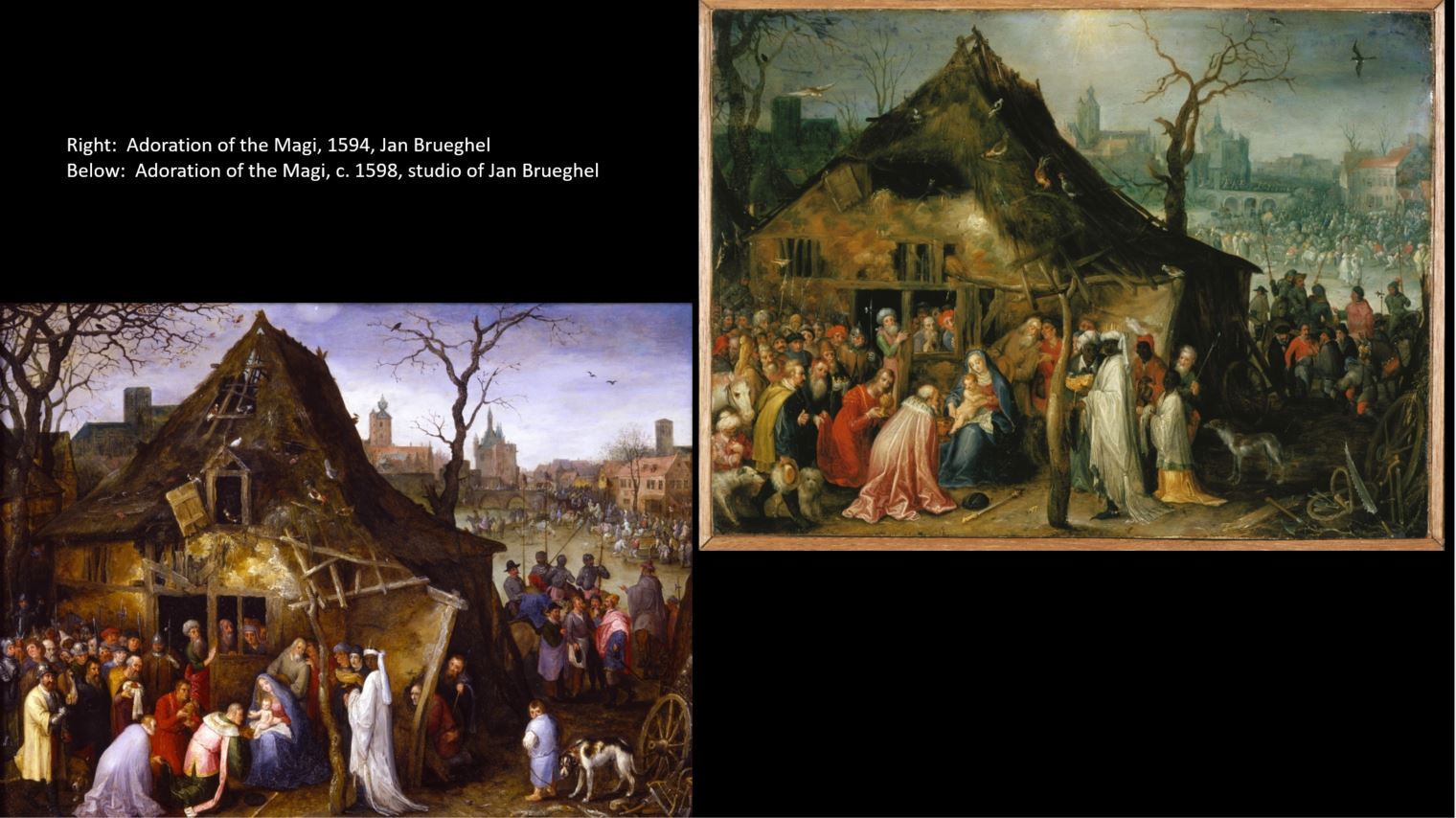 Two very similar paintings by Jan Brueghel or his studio, showing the Adoration of the Magi.