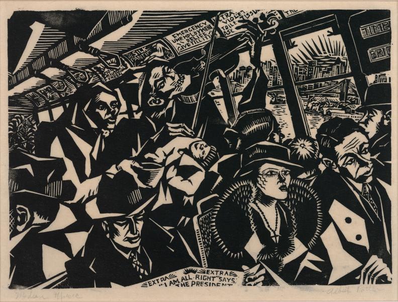 This is a striking image of people crammed onto a train. A man reads a newspaper as a man behind him is playing his violin. A woman stares straight ahead and in the backgound New York City's skyline can be seen through the window as they travel over the bridge. 