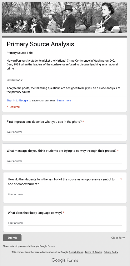 Figure 3. A screenshot of a Google Form asking questions regarding a photo of the Howard University protests, such as "what message do you think this photo portrays?"