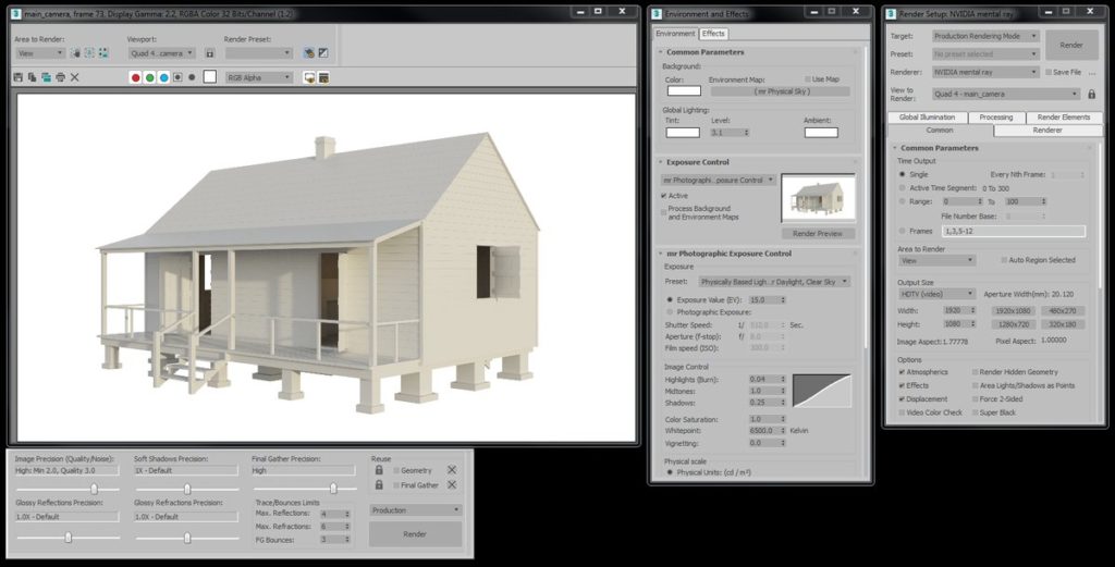The 3ds Max interface showing a high quality render of a double-pen slave cabin.