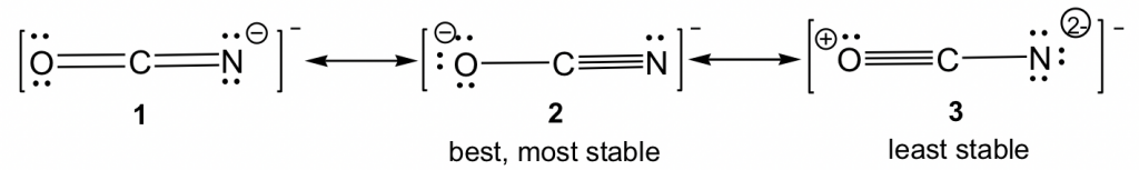 Structure 1's N has a formal charge of -1, structure 2's O has a formal charge of -1, & structure 3 has a formal charge of -2