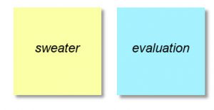 Textboxes formatted as a yellow and blue Post-it notes. The yellow box has the word 'sweater' and the blue box has the word 'evaluation' written on them.