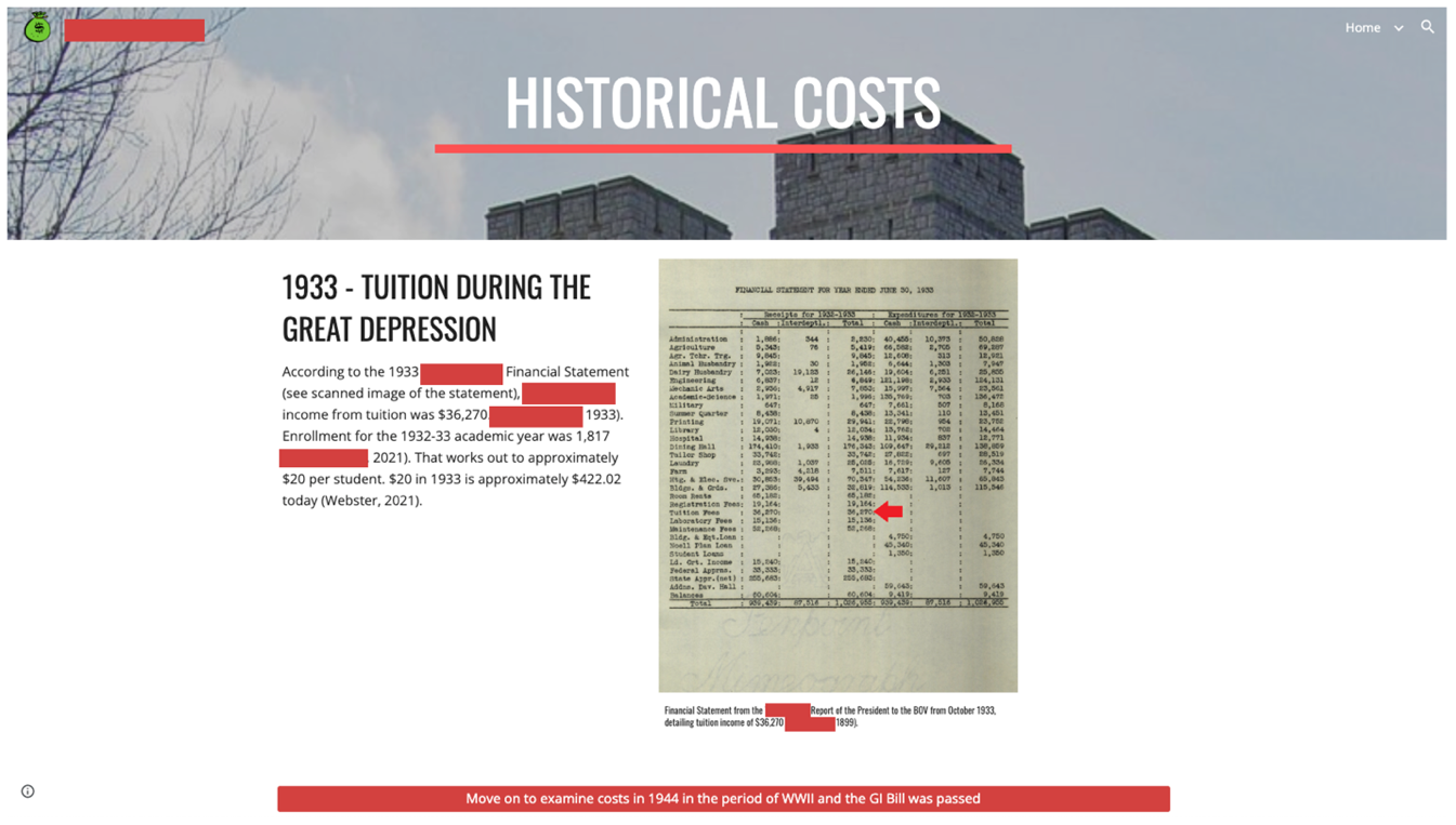 A screenshot of a learning activity featuring a historical document. The "next" button at the bottom of the activity progresses to the next time period in the timeline.