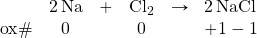 \begin{array}{rcrcrl} &\ce{2Na}&+&\ce{Cl2}&\rightarrow&\ce{2NaCl} \\ \text{ox}\#&0&&0&&+1-1 \end{array}