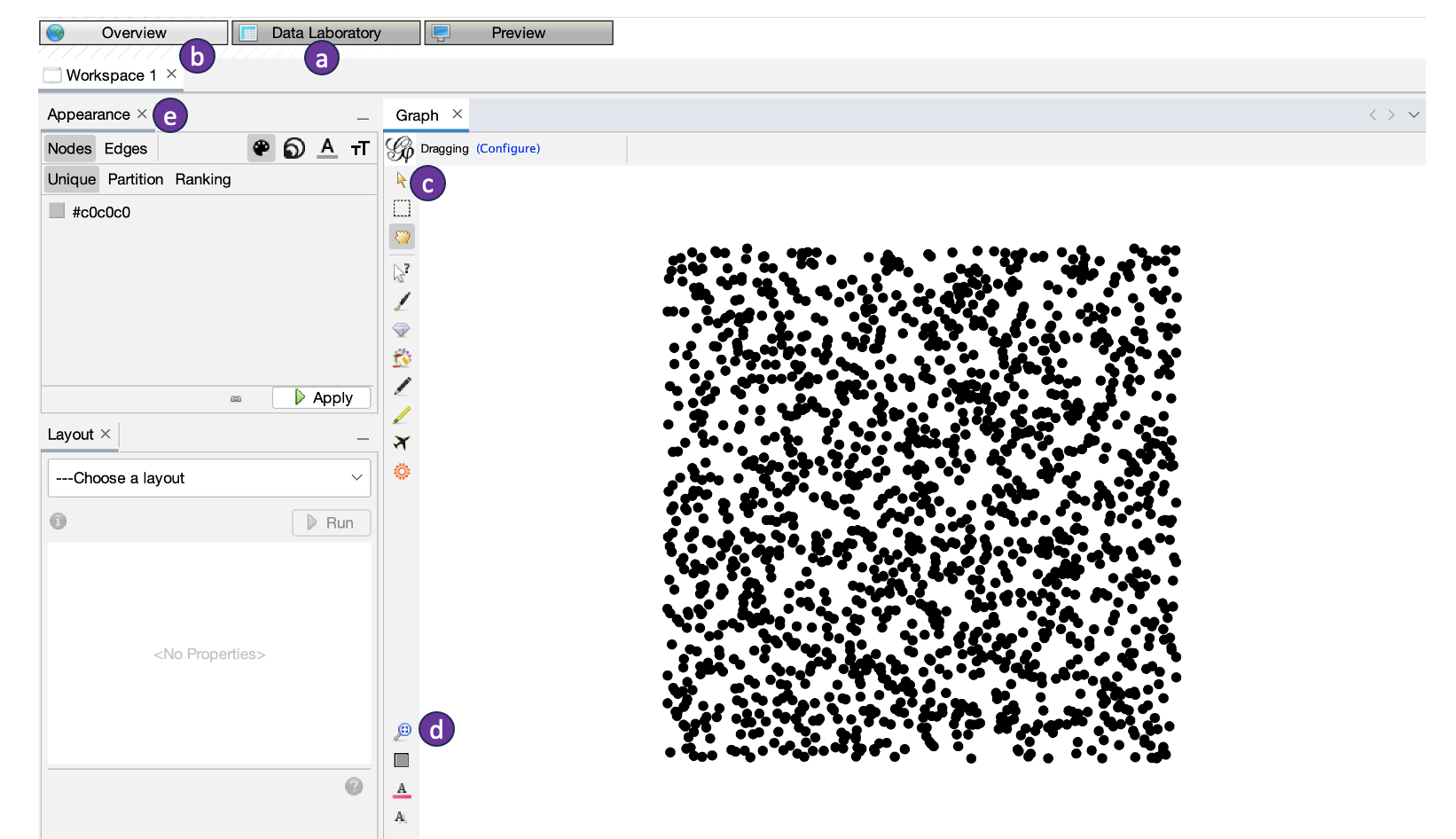 A screenshot of graph window in Gephi, showing many black dots within the shape of a square.