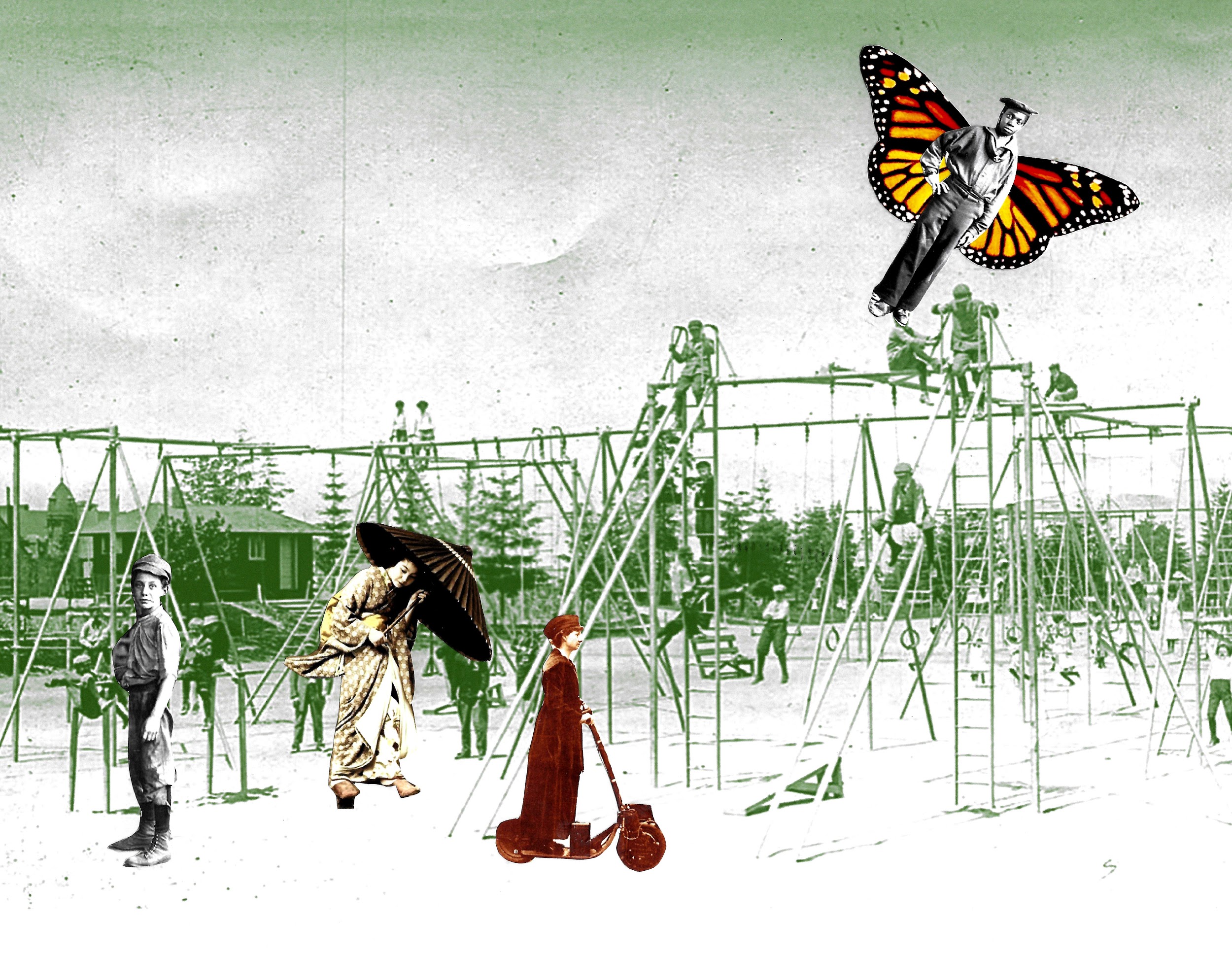 Hiawatha Playfield in Seattle in 1912 is the background for four students; one of whom has sprouted butterfly wings. 