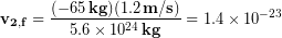 \begin{equation*} \bold{v_{2,f}}= \frac{(-65\,\bold{kg})(1.2\,\bold{m/s})}{5.6 \times 10^{24}\, \bold{kg}} = 1.4\times 10^{-23} \end{equation*}