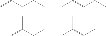 \begin{align*} \chemfig{=[:30]-[:-30]-[:30]-[:-30]}&\hspace{4em}\chemfig{-[:30]=[:-30]-[:30]-[:-30]} \\ \\ \chemfig{=[:30](-[:90])-[:-30]-[:30]}&\hspace{4em}\chemfig{-[:30](-[:90])=[:-30]-[:30]} \end{align*}