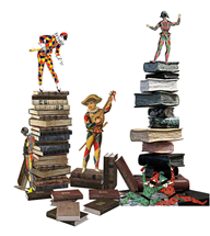 Harlequins frolic around stacks of books.