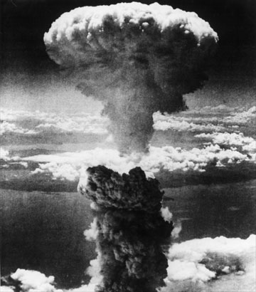 The mushroom cloud rising over Nagasaki.