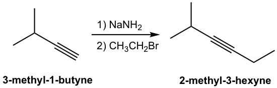 3-methyl-1-butyne in the presence of first NaNH2 then CH3CH2Br produces 2-methyl-3-hexyne