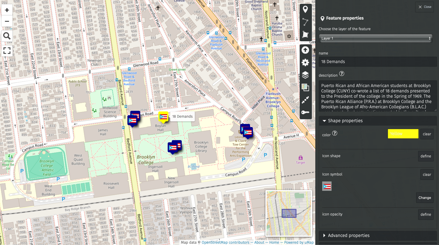 Screenshot as an example of the edit window for the Learning CUNY History project. There are 7 markers on the map of the Brooklyn College campus.