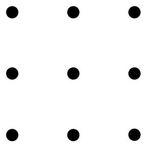 an unfinished puzzle showing nine black dots arranged in a 3-by-3 array