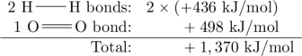 \begin{array}{rl} 2 \ \chemfig{H-H}\text{ bonds:}&2\times(+436\text{ kJ/mol}) \\ 1 \ \chemfig{O=O}\text{ bond:}&\phantom{2\times(}+498\text{ kJ/mol} \\ \hline \text{Total:}&\phantom{2\times(}+1,370\text{ kJ/mol} \end{array}