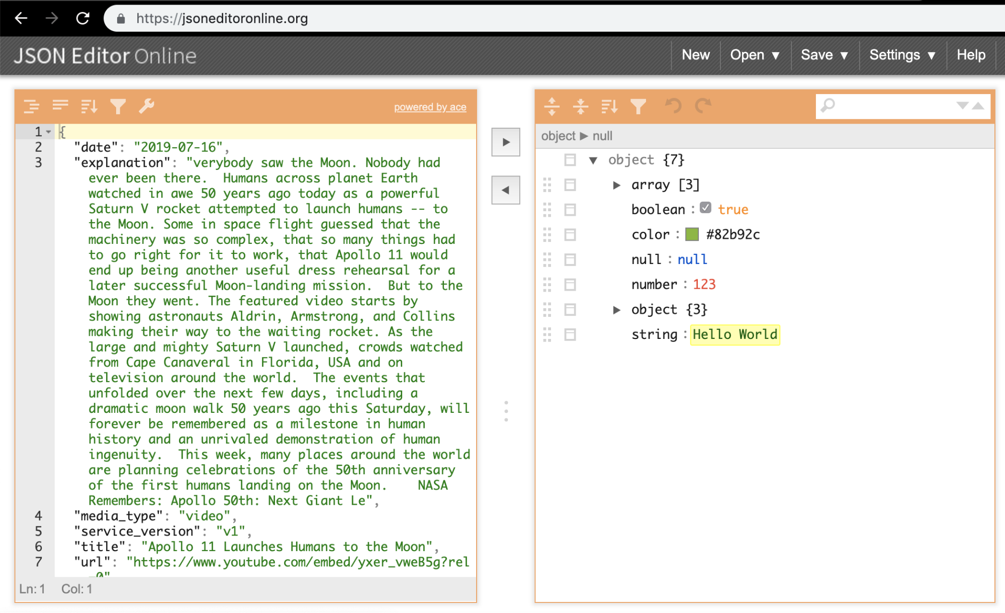 Json Editor: Formatted JSON on the right