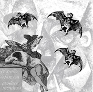 A man has his head on a desk on which is painted “The sleep of reason produces monsters.” Bats appear in the background.