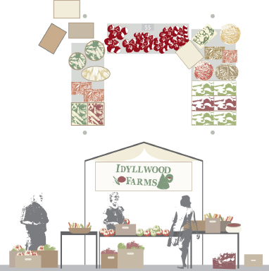 Diagram of stall under tent in plan (top) and elevation.