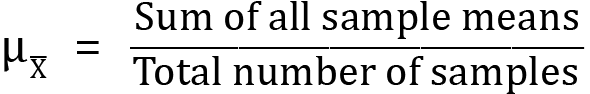 <mml:math xmlns:mml="http://www.w3.org/1998/Math/MathML" xmlns:m="http://schemas.openxmlformats.org/officeDocument/2006/math" display="block"><mml:msub><mml:mrow><mml:mi mathvariant="normal">μ</mml:mi></mml:mrow><mml:mrow><mml:mover accent="true"><mml:mrow><mml:mi mathvariant="normal">X</mml:mi></mml:mrow><mml:mo>-</mml:mo></mml:mover></mml:mrow></mml:msub><mml:mo>=</mml:mo><mml:mfrac><mml:mrow><mml:mi mathvariant="normal">S</mml:mi><mml:mi mathvariant="normal">u</mml:mi><mml:mi mathvariant="normal">m</mml:mi><mml:mi mathvariant="normal"> </mml:mi><mml:mi mathvariant="normal">o</mml:mi><mml:mi mathvariant="normal">f</mml:mi><mml:mi mathvariant="normal"> </mml:mi><mml:mi mathvariant="normal">a</mml:mi><mml:mi mathvariant="normal">l</mml:mi><mml:mi mathvariant="normal">l</mml:mi><mml:mi mathvariant="normal"> </mml:mi><mml:mi mathvariant="normal">s</mml:mi><mml:mi mathvariant="normal">a</mml:mi><mml:mi mathvariant="normal">m</mml:mi><mml:mi mathvariant="normal">p</mml:mi><mml:mi mathvariant="normal">l</mml:mi><mml:mi mathvariant="normal">e</mml:mi><mml:mi mathvariant="normal"> </mml:mi><mml:mi mathvariant="normal">m</mml:mi><mml:mi mathvariant="normal">e</mml:mi><mml:mi mathvariant="normal">a</mml:mi><mml:mi mathvariant="normal">n</mml:mi><mml:mi mathvariant="normal">s</mml:mi></mml:mrow><mml:mrow><mml:mi mathvariant="normal">T</mml:mi><mml:mi mathvariant="normal">o</mml:mi><mml:mi mathvariant="normal">t</mml:mi><mml:mi mathvariant="normal">a</mml:mi><mml:mi mathvariant="normal">l</mml:mi><mml:mi mathvariant="normal"> </mml:mi><mml:mi mathvariant="normal">n</mml:mi><mml:mi mathvariant="normal">u</mml:mi><mml:mi mathvariant="normal">m</mml:mi><mml:mi mathvariant="normal">b</mml:mi><mml:mi mathvariant="normal">e</mml:mi><mml:mi mathvariant="normal">r</mml:mi><mml:mi mathvariant="normal"> </mml:mi><mml:mi mathvariant="normal">o</mml:mi><mml:mi mathvariant="normal">f</mml:mi><mml:mi mathvariant="normal"> </mml:mi><mml:mi mathvariant="normal">s</mml:mi><mml:mi mathvariant="normal">a</mml:mi><mml:mi mathvariant="normal">m</mml:mi><mml:mi mathvariant="normal">p</mml:mi><mml:mi mathvariant="normal">l</mml:mi><mml:mi mathvariant="normal">e</mml:mi><mml:mi mathvariant="normal">s</mml:mi></mml:mrow></mml:mfrac></mml:math>