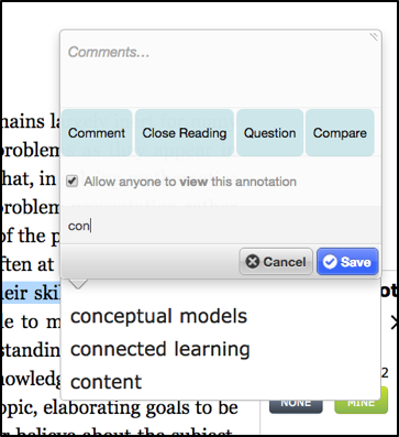 The screenshot shows an annotation box that pops up when a user highlights a passage. The user is tagging the annotation with a tag that begins with the letters “con”, and Lacuna suggests “conceptual models,” “connected learning,” and “content” as possible tags to select from.