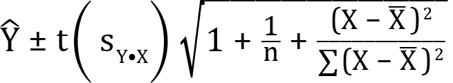 <mml:math xmlns:mml="http://www.w3.org/1998/Math/MathML" xmlns:m="http://schemas.openxmlformats.org/officeDocument/2006/math" display="block"><mml:mover accent="true"><mml:mrow><mml:mi mathvariant="normal">Y</mml:mi></mml:mrow><mml:mo>^</mml:mo></mml:mover><mml:mo>±</mml:mo><mml:mi mathvariant="normal">t</mml:mi><mml:mo>(</mml:mo><mml:msub><mml:mrow><mml:mi mathvariant="normal">s</mml:mi></mml:mrow><mml:mrow><mml:mi mathvariant="normal">Y</mml:mi><mml:mo>•</mml:mo><mml:mi mathvariant="normal">X</mml:mi></mml:mrow></mml:msub><mml:mo>)</mml:mo><mml:msqrt><mml:mn>1</mml:mn><mml:mo>+</mml:mo><mml:mfrac><mml:mrow><mml:mn>1</mml:mn></mml:mrow><mml:mrow><mml:mi mathvariant="normal">n</mml:mi></mml:mrow></mml:mfrac><mml:mo>+</mml:mo><mml:mfrac><mml:mrow><mml:mo>(</mml:mo><mml:mi mathvariant="normal">X</mml:mi><mml:mo>-</mml:mo><mml:mover accent="true"><mml:mrow><mml:mi mathvariant="normal">X</mml:mi></mml:mrow><mml:mo>-</mml:mo></mml:mover><mml:msup><mml:mrow><mml:mo>)</mml:mo></mml:mrow><mml:mrow><mml:mn>2</mml:mn></mml:mrow></mml:msup></mml:mrow><mml:mrow><mml:mrow><mml:mo stretchy="false">∑</mml:mo><mml:mrow><mml:mo>(</mml:mo><mml:mi mathvariant="normal">X</mml:mi><mml:mo>-</mml:mo><mml:mover accent="true"><mml:mrow><mml:mi mathvariant="normal">X</mml:mi></mml:mrow><mml:mo>-</mml:mo></mml:mover><mml:msup><mml:mrow><mml:mo>)</mml:mo></mml:mrow><mml:mrow><mml:mn>2</mml:mn></mml:mrow></mml:msup></mml:mrow></mml:mrow></mml:mrow></mml:mfrac></mml:msqrt></mml:math>