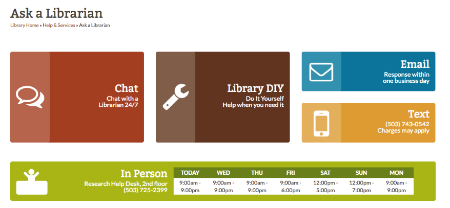 Screenshot of a library webpage that says "Ask A Librarian" with options to get help via chat, email, text, in person, or "DIY".