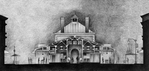 Cross Section of Findlay Market plan. Drawing of the front of the market building.