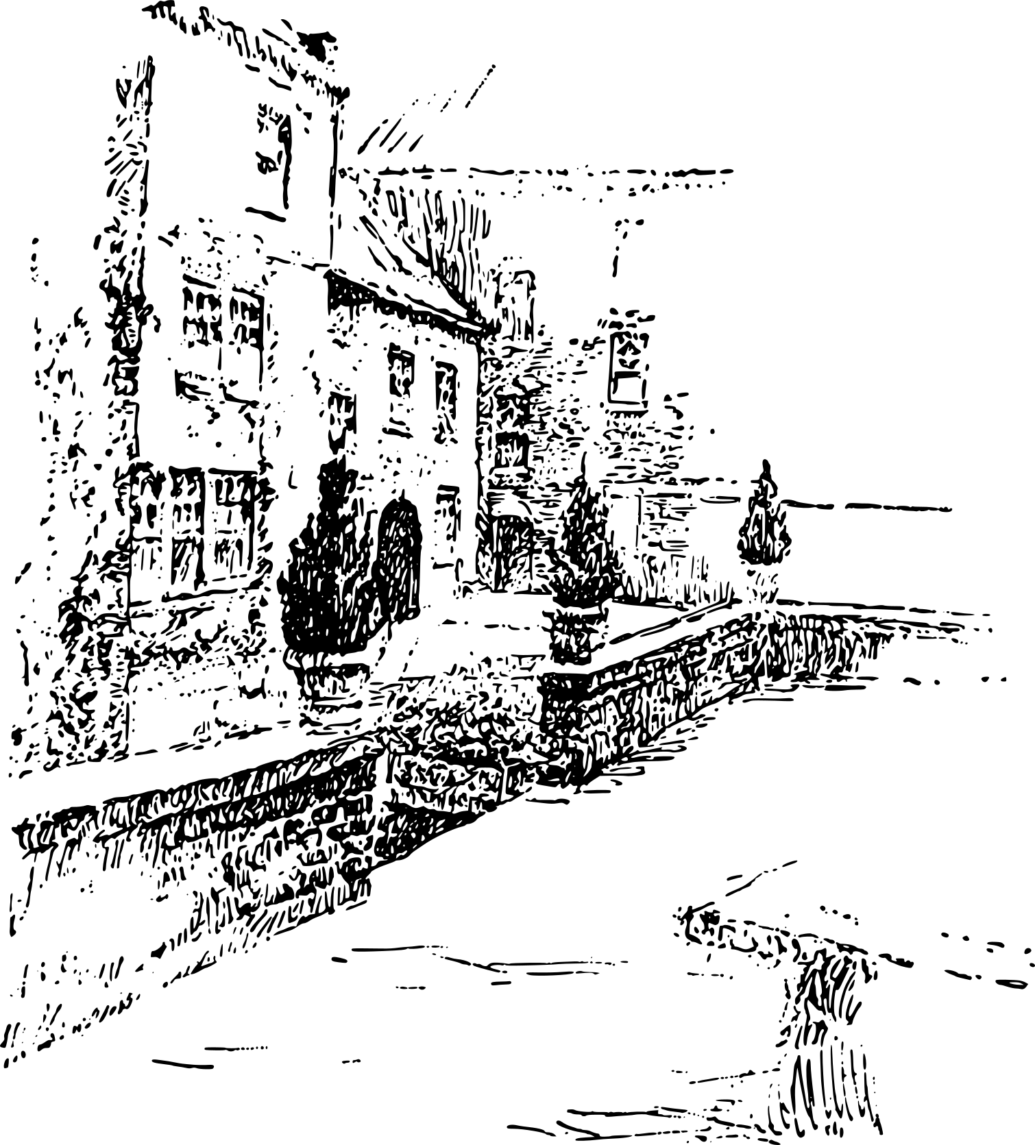An illustration of a courtyard in a building complex.