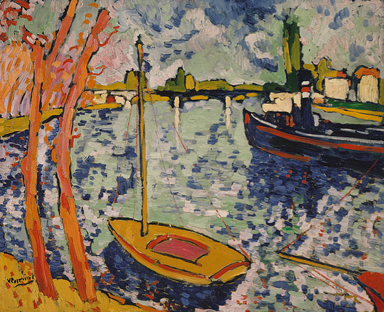 Fauvist painting of the River Seine with two boats by Maurice de Vlaminck. 