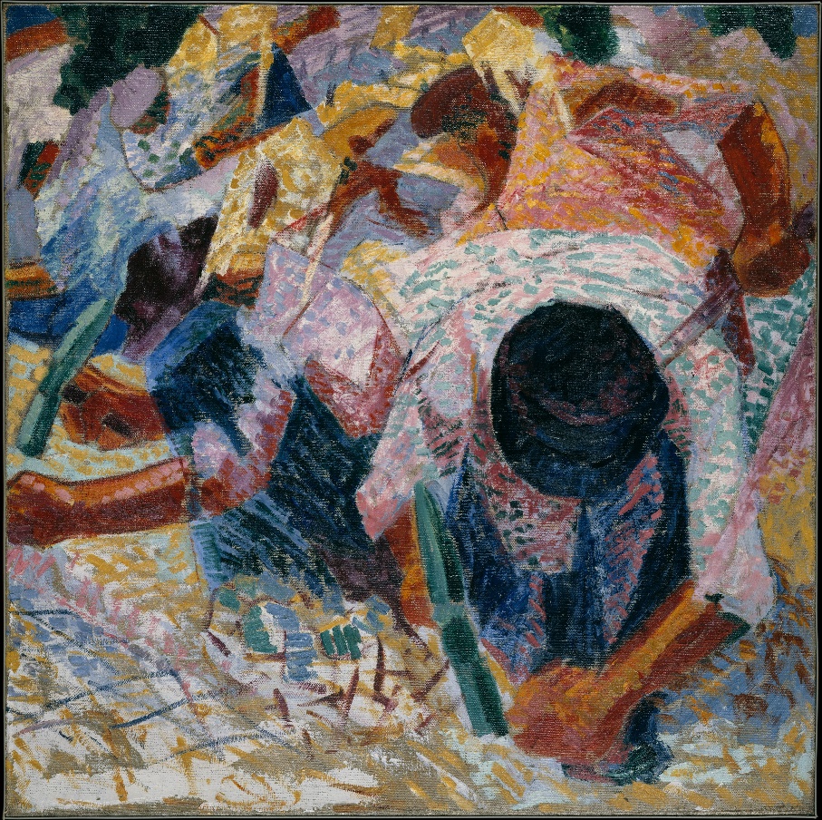 The Street Pavers shows a scene of backbreaking work celebrating the modern laborer. Through his inventive use of color and staccato brushstrokes, Boccioni conveys both the powerful movements of the pickax-wielding workers and their anonymity, as the faceless figures are almost indistinguishable from the background. 