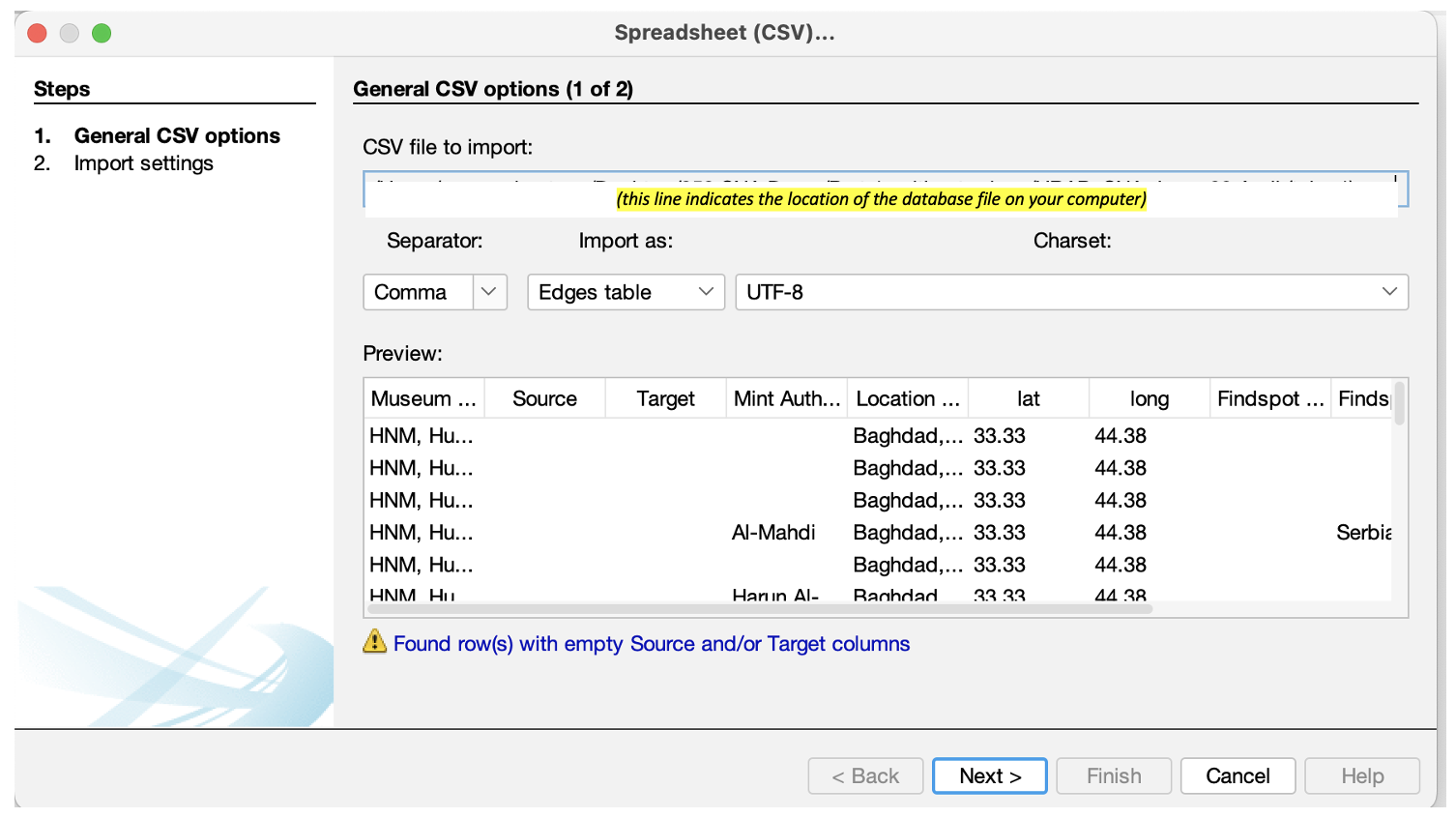 A screenshot of the spreadsheet window in Gephi, with highlighted text indicating where Gephi shows the location name of the imported database.