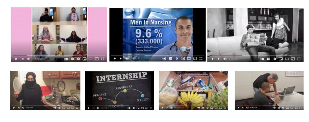 An array of screenshots from YouTube videos of movie essays. One shows women sitting at a table with a copy of Cosmopolitan magazine, the next a picture of a male nurse in front of the statistic: 'Men in nursing, 9.6%, 333,000,' the next a black and white image of a man sitting on a couch reading a newspaper while a woman in a skirt picks up his coat; the bottom row features a mock portrayal of a student's mother wearing a niqab while washing dishes in the kitchen,  a chart labeled 'Experience' with four labeled dots underneath pointing to each other, labeled 'practice,' 'learning,' 'experience,' and 'success,' a shopping cart with produce and groceries inside, and an image of Sean standing near a seated student and they are both looking at a laptop.