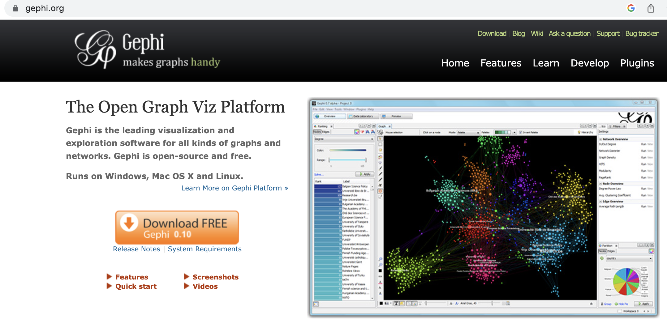 The homepage for Gephi.org, featuring the download button and a screenshot of the interface.