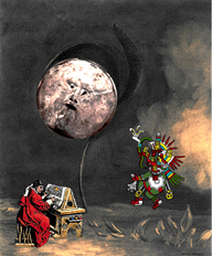 Quetzalcoat dances in front of a medieval monk writing a manuscript. A a moon with a face on it is in the night sky.