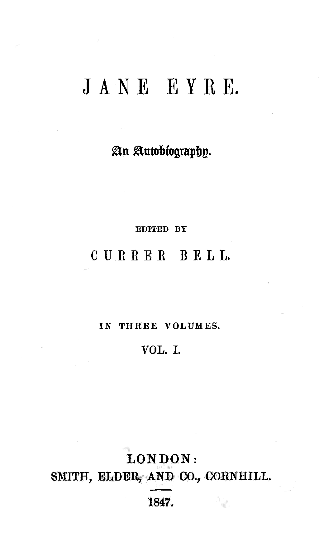 Jane Eyre (First Edition), Volume 1, Original Title Page
