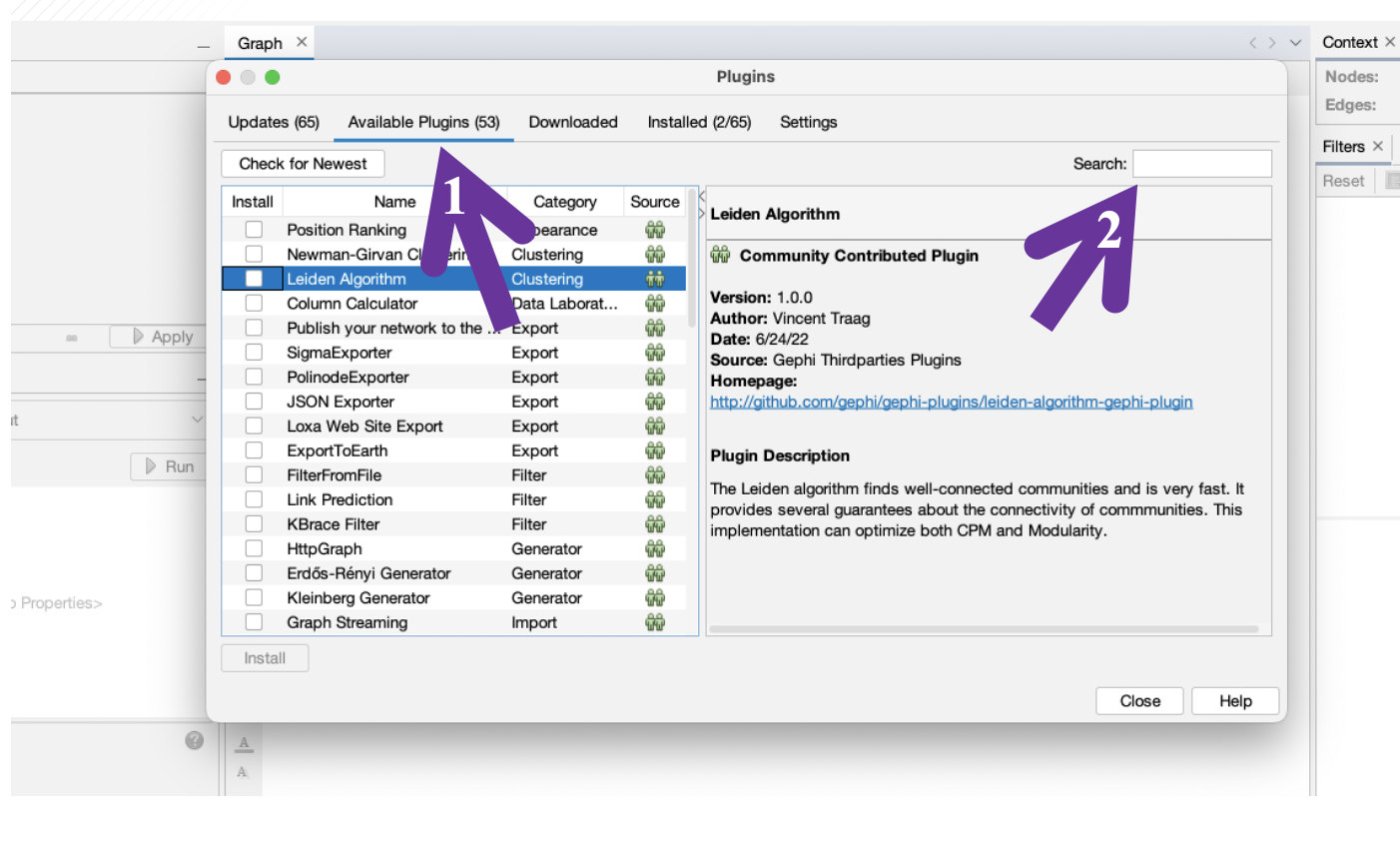 A screenshot of the Plugins window in Gephi with arrows pointing to the location of “available plugins” and to the search bar.