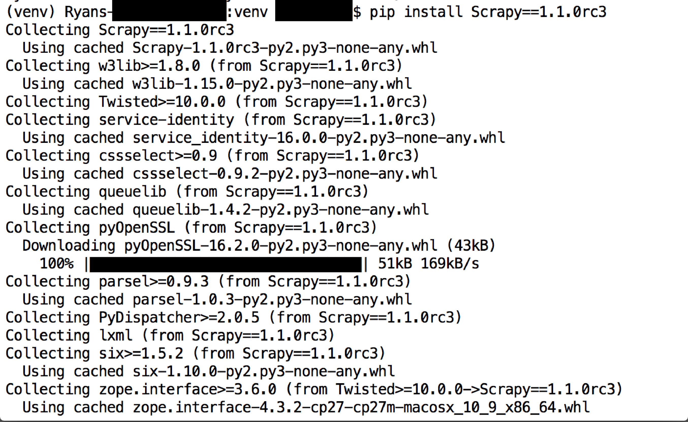 Figure 7. pip installation of Scrapy to virtual environment