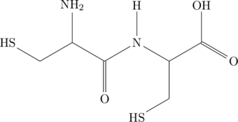 \chemfig{\ce{HS}-[:-30]-[:30](-[:90]\ce{NH2})-[:-30](=[:-90]O)-[:30]N(-[:90]H)-[:-30](-[:-90]-[:-150]\ce{HS})-[:30](-[:90]\ce{OH})=[:-30]O}