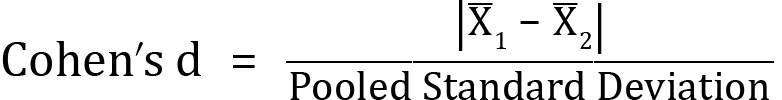 <mml:math xmlns:mml="http://www.w3.org/1998/Math/MathML" xmlns:m="http://schemas.openxmlformats.org/officeDocument/2006/math" display="block"><mml:mi mathvariant="normal">C</mml:mi><mml:mi mathvariant="normal">o</mml:mi><mml:mi mathvariant="normal">h</mml:mi><mml:mi mathvariant="normal">e</mml:mi><mml:msup><mml:mrow><mml:mi mathvariant="normal">n</mml:mi></mml:mrow><mml:mrow><mml:mi mathvariant="normal">'</mml:mi></mml:mrow></mml:msup><mml:mi mathvariant="normal">s</mml:mi><mml:mi mathvariant="normal"> </mml:mi><mml:mi mathvariant="normal">d</mml:mi><mml:mo>=</mml:mo><mml:mfrac><mml:mrow><mml:mfenced open="|" close="" separators="|"><mml:mrow><mml:msub><mml:mrow><mml:mover accent="true"><mml:mrow><mml:mi mathvariant="normal">X</mml:mi></mml:mrow><mml:mo>-</mml:mo></mml:mover></mml:mrow><mml:mrow><mml:mn>1</mml:mn></mml:mrow></mml:msub></mml:mrow></mml:mfenced><mml:mo>-</mml:mo><mml:mfenced open="" close="|" separators="|"><mml:mrow><mml:msub><mml:mrow><mml:mover accent="true"><mml:mrow><mml:mi mathvariant="normal">X</mml:mi></mml:mrow><mml:mo>-</mml:mo></mml:mover></mml:mrow><mml:mrow><mml:mn>2</mml:mn></mml:mrow></mml:msub></mml:mrow></mml:mfenced></mml:mrow><mml:mrow><mml:mi mathvariant="normal">P</mml:mi><mml:mi mathvariant="normal">o</mml:mi><mml:mi mathvariant="normal">o</mml:mi><mml:mi mathvariant="normal">l</mml:mi><mml:mi mathvariant="normal">e</mml:mi><mml:mi mathvariant="normal">d</mml:mi><mml:mi mathvariant="normal"> </mml:mi><mml:mi mathvariant="normal">S</mml:mi><mml:mi mathvariant="normal">t</mml:mi><mml:mi mathvariant="normal">a</mml:mi><mml:mi mathvariant="normal">n</mml:mi><mml:mi mathvariant="normal">d</mml:mi><mml:mi mathvariant="normal">a</mml:mi><mml:mi mathvariant="normal">r</mml:mi><mml:mi mathvariant="normal">d</mml:mi><mml:mi mathvariant="normal"> </mml:mi><mml:mi mathvariant="normal">D</mml:mi><mml:mi mathvariant="normal">e</mml:mi><mml:mi mathvariant="normal">v</mml:mi><mml:mi mathvariant="normal">i</mml:mi><mml:mi mathvariant="normal">a</mml:mi><mml:mi mathvariant="normal">t</mml:mi><mml:mi mathvariant="normal">i</mml:mi><mml:mi mathvariant="normal">o</mml:mi><mml:mi mathvariant="normal">n</mml:mi></mml:mrow></mml:mfrac></mml:math>