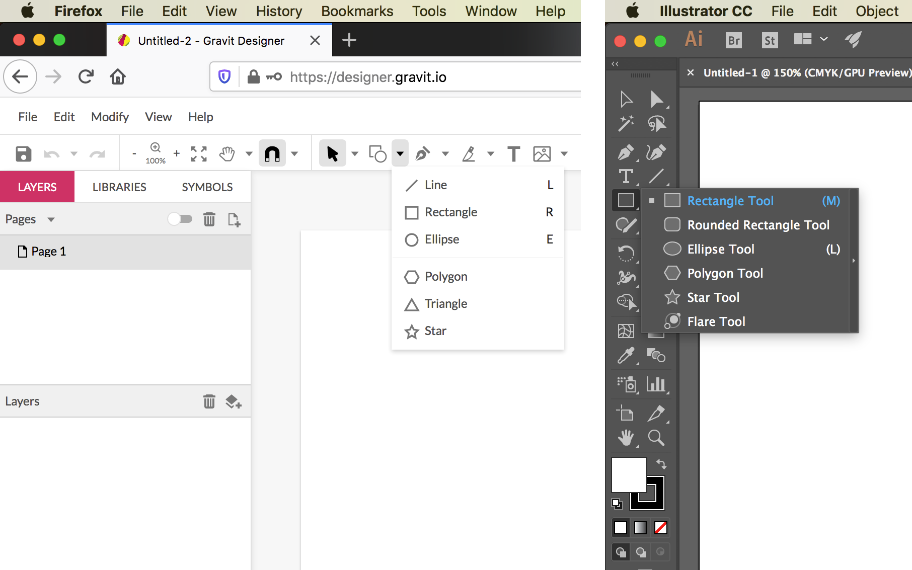 Two side-by-side screenshots of the Designer.io and Adobe Illustrator user interfaces, with the mouse cursor clicking on the Shape Tool, showing the tool options; the tool icon and options are similar, but not identical, and they are located in different areas of the interface.